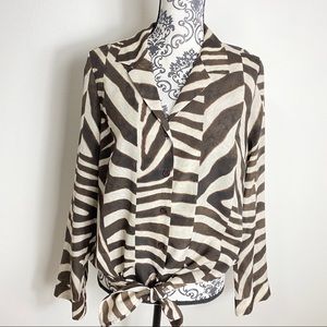 Michael Michael Kors Zebra Button Down Tie Knot Front Long Sleeve Shirt L